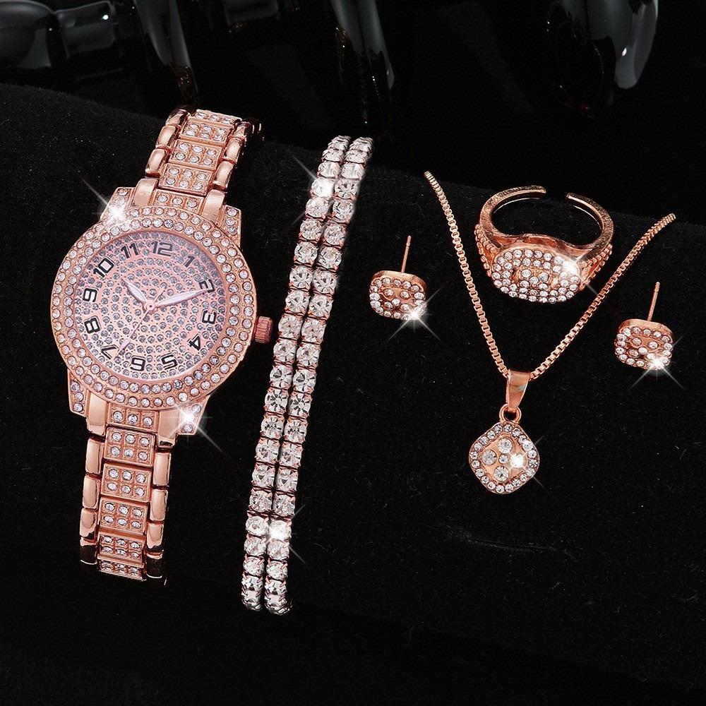 Full Diamond Roman Literal Steel Belt Women's Watch Gypsy Temperament Business Quartz Watch Women's Watch Jewelry Set