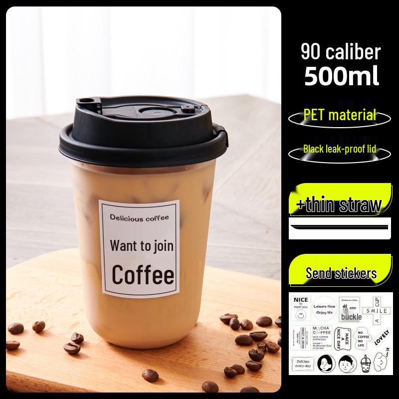 Transparent Disposable Coffee Cup with Lid, 90 Caliber, American Style for Cold Drinks, Milk Tea, Chubby Takeaway Cup