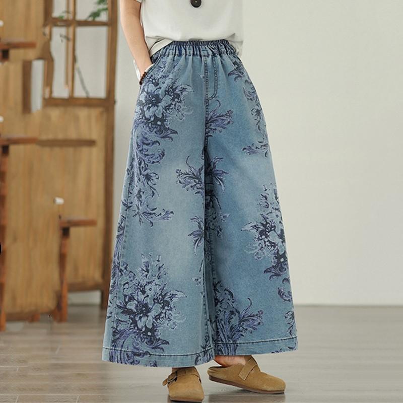 Plus Size Thin Vintage Floral High Waist Casual Loose Women Summer Jeans Denim Wide Leg Pants