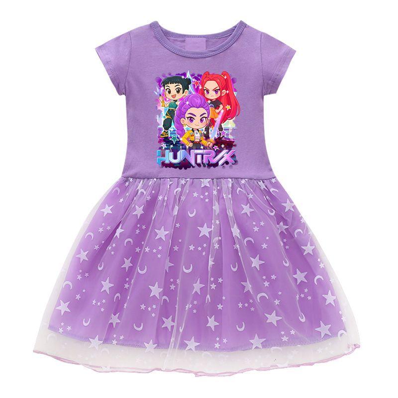 Süßes Kpop Hexenjagd Gruppen Tüllkleid für Kinder, Kurzärmeliges Prinzessinnenkleid für Mädchen Sommer