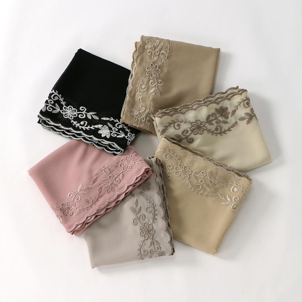 Floral Embroidery Edge Chiffon Silk Scarf Women Muslim Hijab Headscarf Soft Wraps Headband Summer Sunscreen Shawls Beach Shawls