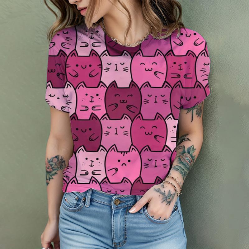 2024 New Fashion Women's T Shirt Cute Cat Printed Short Sleeve Round Neck Fun Pattern T Shirt Summer Home Casual Women's Tops