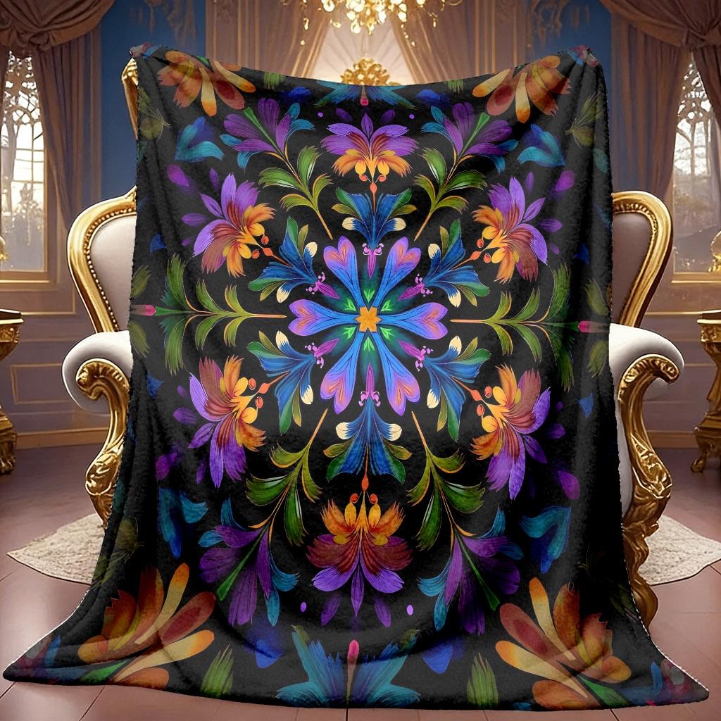 A 2D Floral Flanking Symmetrical Pattern Flannel Blanket with Vibrant Colors, Featuring Soft High-definition Digital Printing. This Cooling Blanket Is