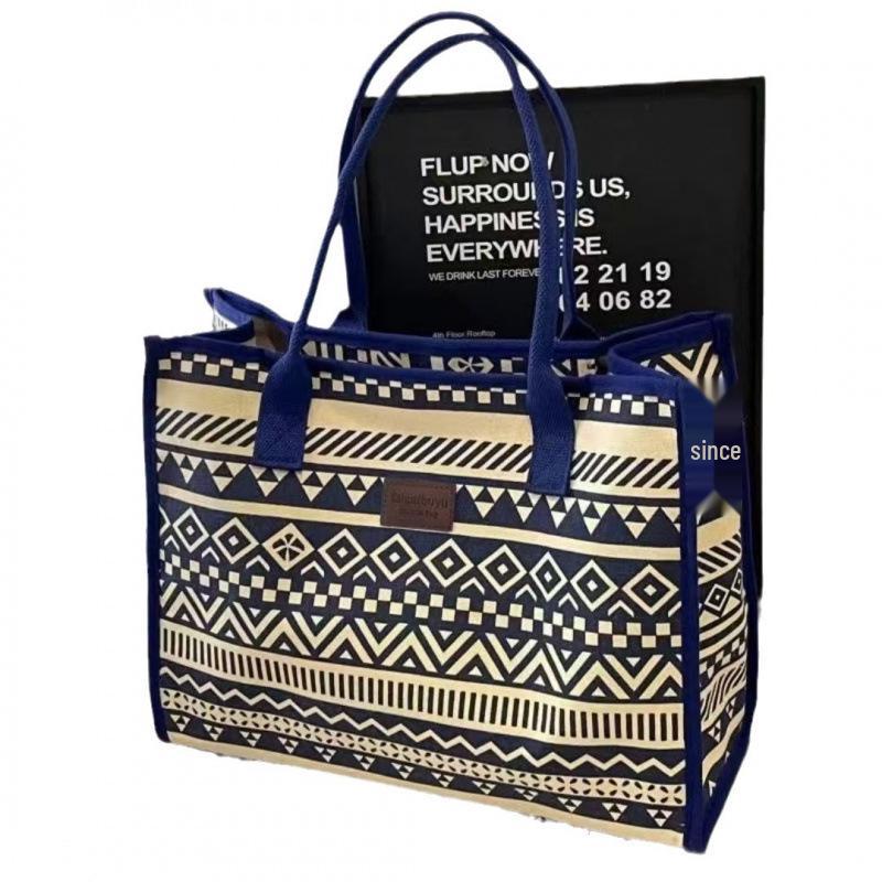 Ethnic Geometric Canvas Tote: Large Capacity, Versatile Shoulder Bag for Commuting and Moms