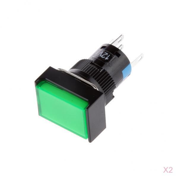 2 Pieces DC 12 Button Momentary Self Square Switch with 5 Pin 16mm Green