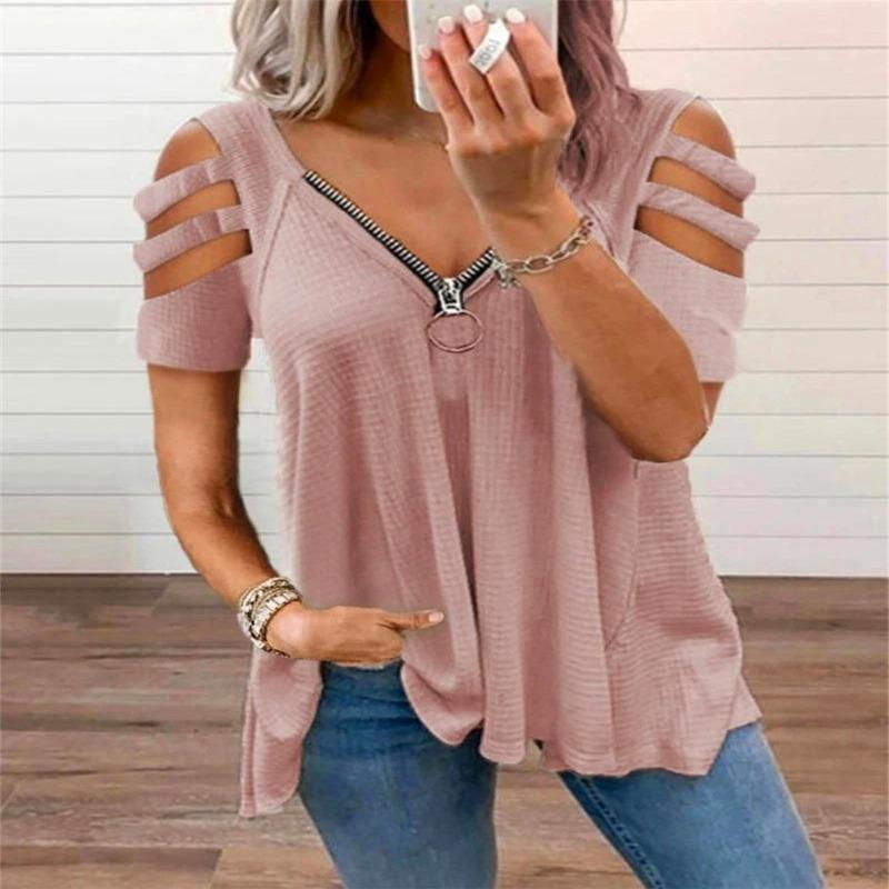 BITCED Women's Fashion Casual Solid Color Print Short Sleeve V Neck Blouses & Shirts