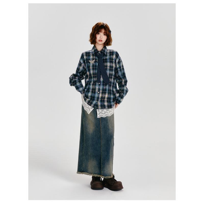 Plaid Lace Women Shirt Long Sleeved Patchwork New Blouse Autumn Loose American Style Woman Trendy Shirts