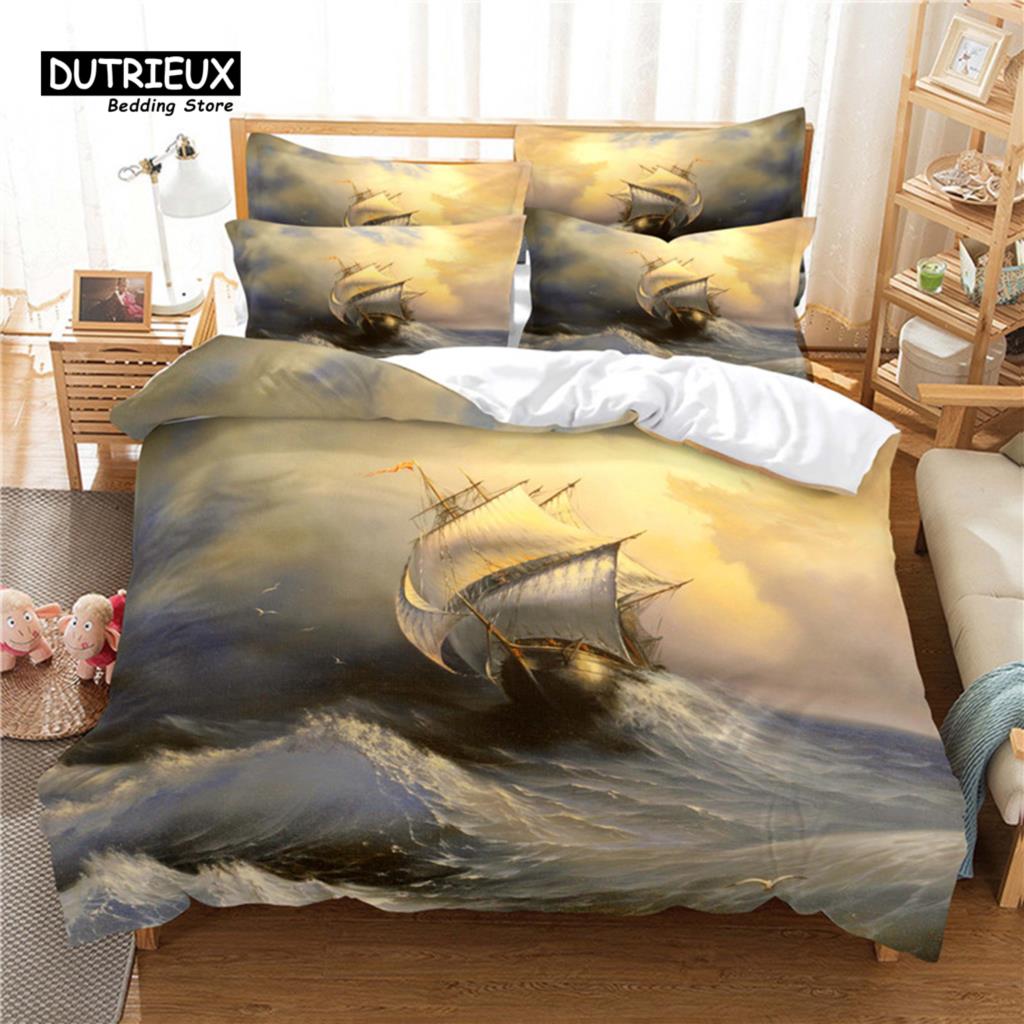 Beautiful Scenery Bedding Set, Wave 3Pcs Duvet Cover Set, Soft Comfortable Breathable Duvet Cover, For Bedroom Guest Room Decor