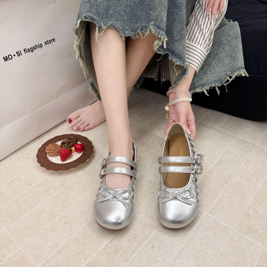 French One-word Buckle with Single Shoes Women's Retro Mary Jane Shoes 2025 New Bow Flat Ballet Shoes