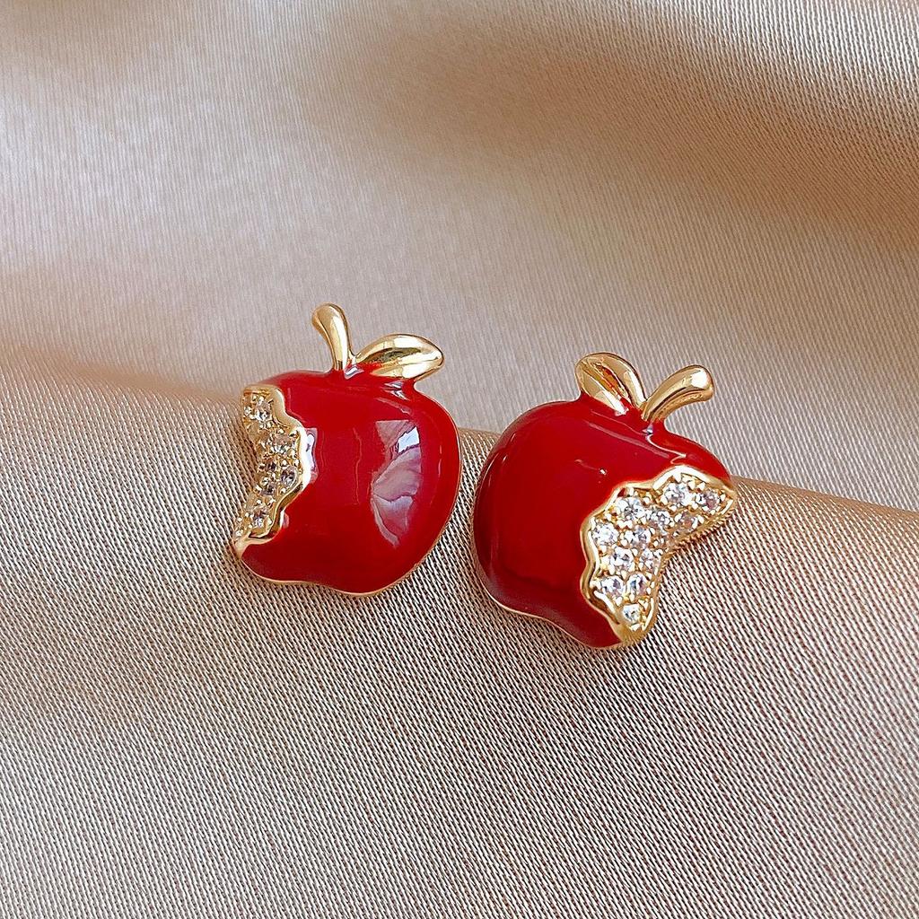 Vintage Simple Zircon Drip Oil Red Apple Earrings Stud Earrings Exquisite Earrings Women