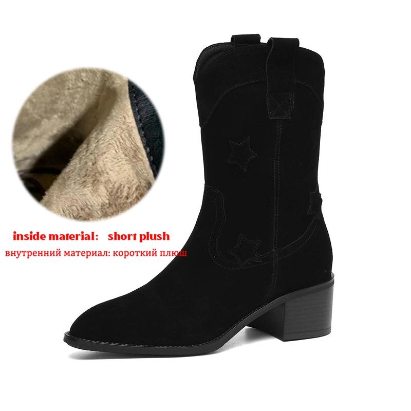 Krazing Pot Cow Suede Nubuck Winter Round Toe Modern Boots Med Heels Slip On Five-Star Decoration Women Mid-calf Boots