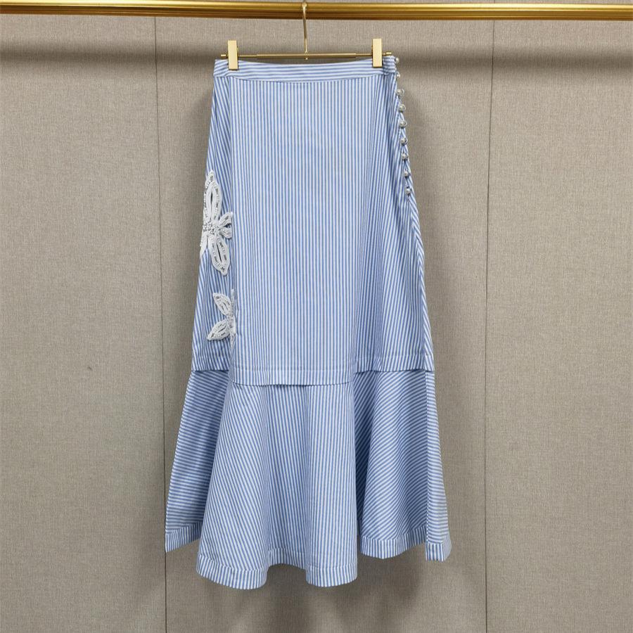 2025 Spring/Summer Blue & White Striped Floral Polo Collar Long Dress Shirt & Shorts Set Large
