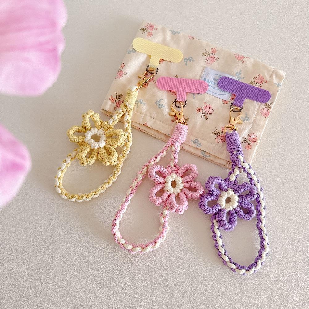 Ins Knit Colorful Flower Short Lanyard for Mobile Cell Phone Hand Wrist Strap Double Color Contrast Universal Rope Accessories