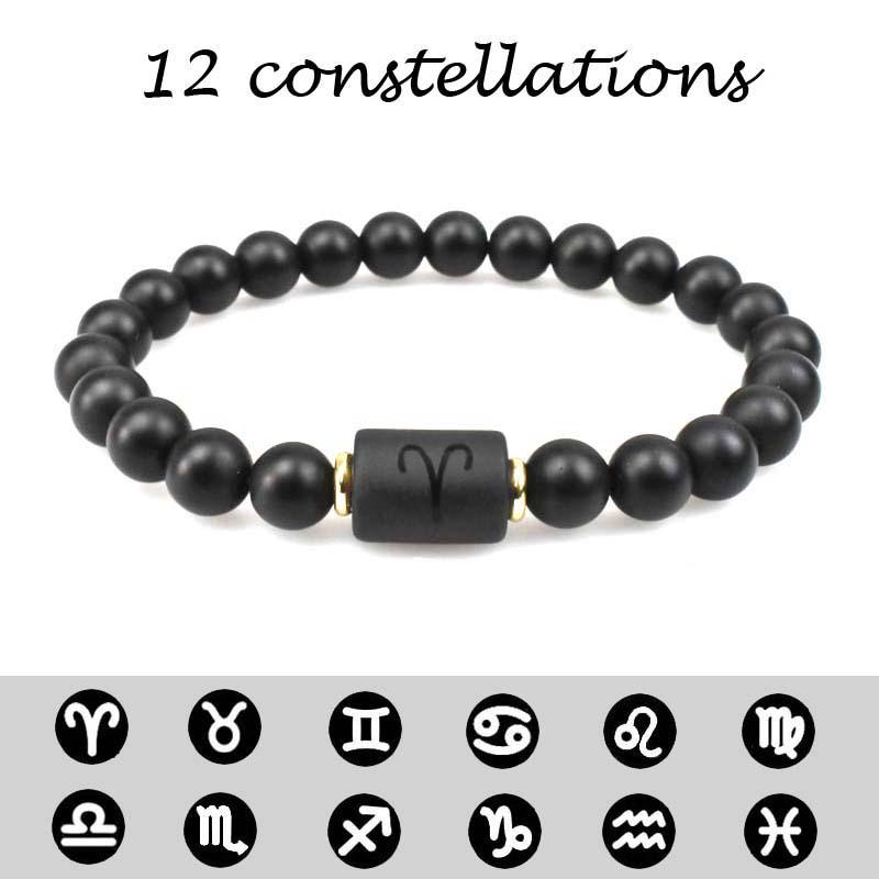Zodiac Natural Stone Couple Bracelet with Frosted Black Agate Beads