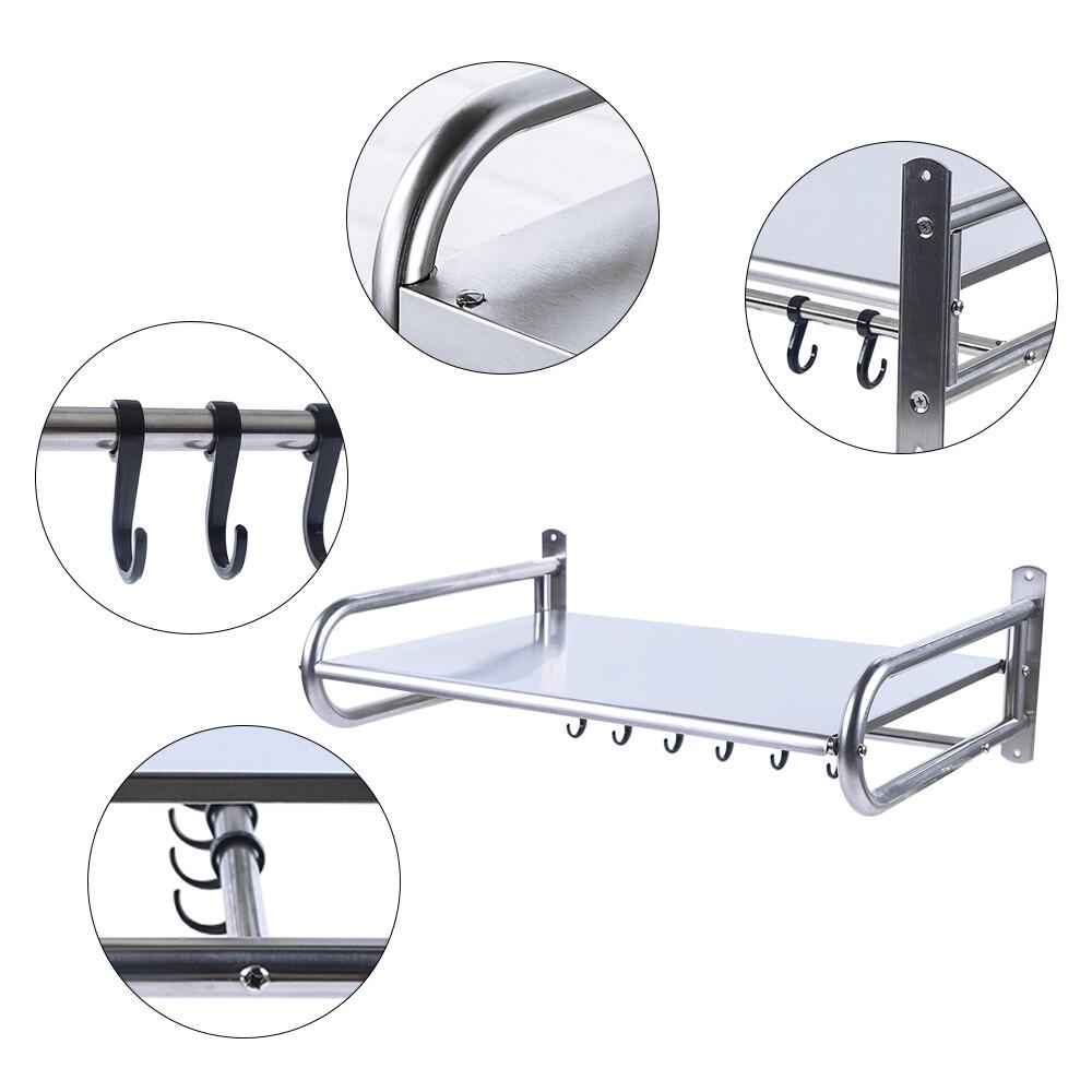 Stainless Steel Microwave Oven Wall Shelf Kitchen Storage Rack Organizer With 6 Hooks Heavy Duty 20kg Capacity