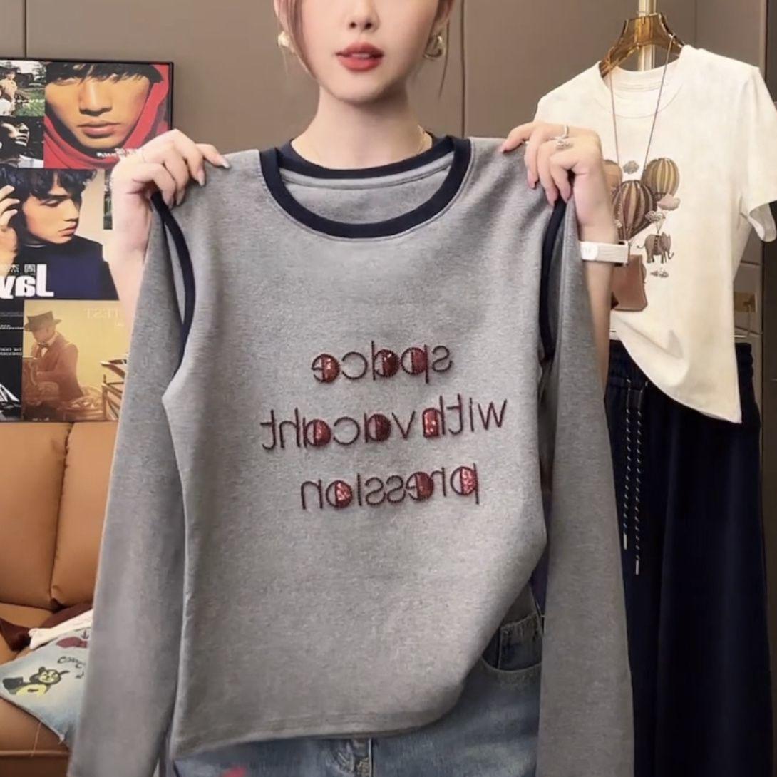 

Женский осенний топ с принтом, длинным рукавом, большого размера, свободный, стройнящий, верхняя одежда. 4XL серый