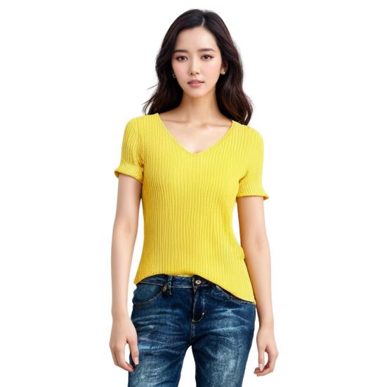 

Женская летняя футболка с рукавами, однотонная футболка в рубчик, обычные короткие вязаные топы с v-образным вырезом для работы XL жёлтый