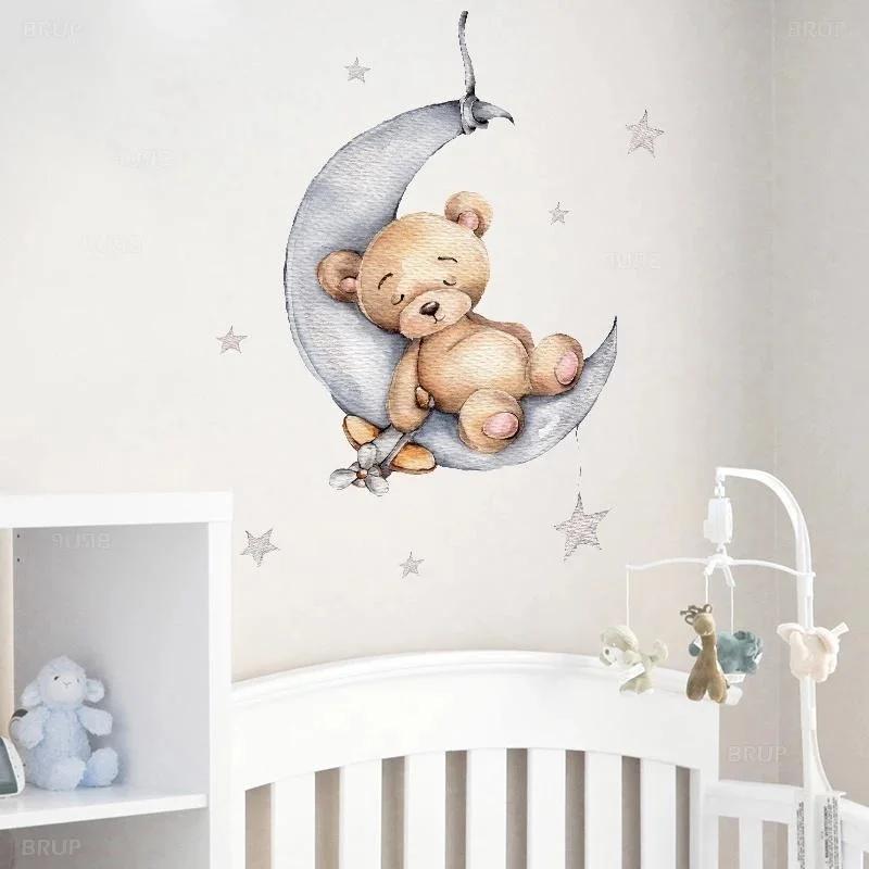 Wall Decoration NEW Cartoon Bear Sleeping On The Moon and Stars Wall Stickers for Kids Baby Room Wall Nterior Decoration Tools