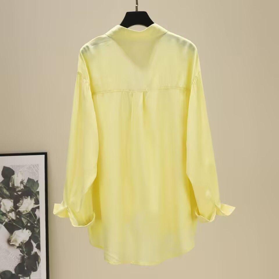 Korean Style Loose Casual Long Sleeve Shirt Pure Color Mid Length Flowy Blouse