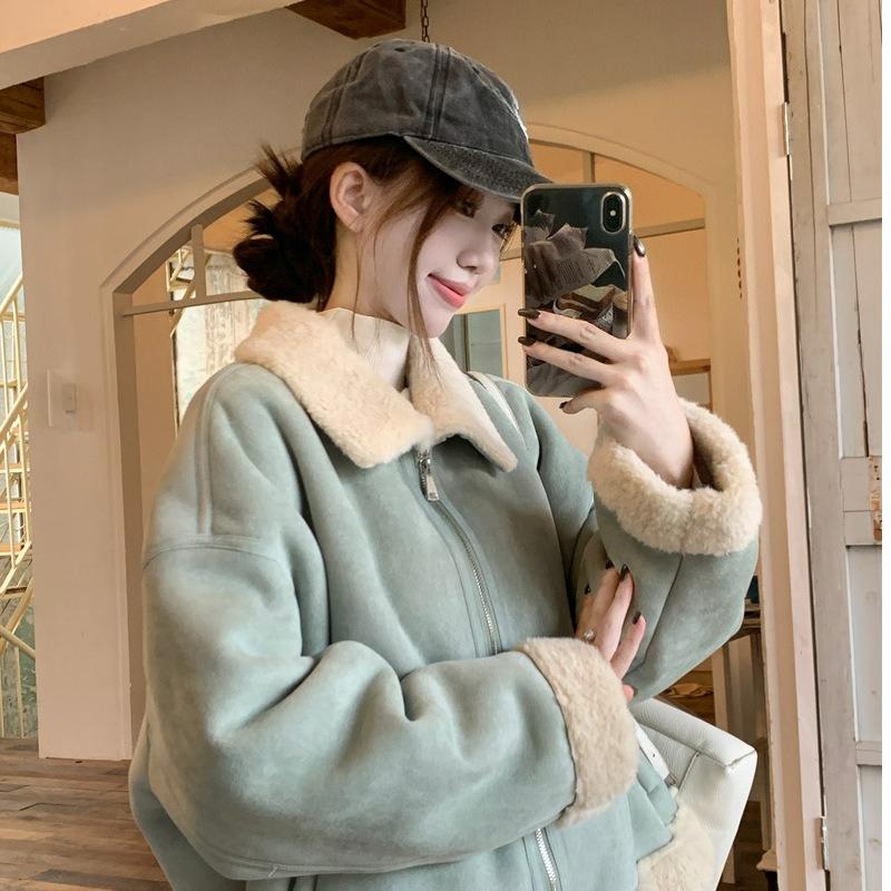 Lapel Deerskin Fleece Fur One-piece Jacket Women's Winter Thickened Warm Fashion All-match Short Top