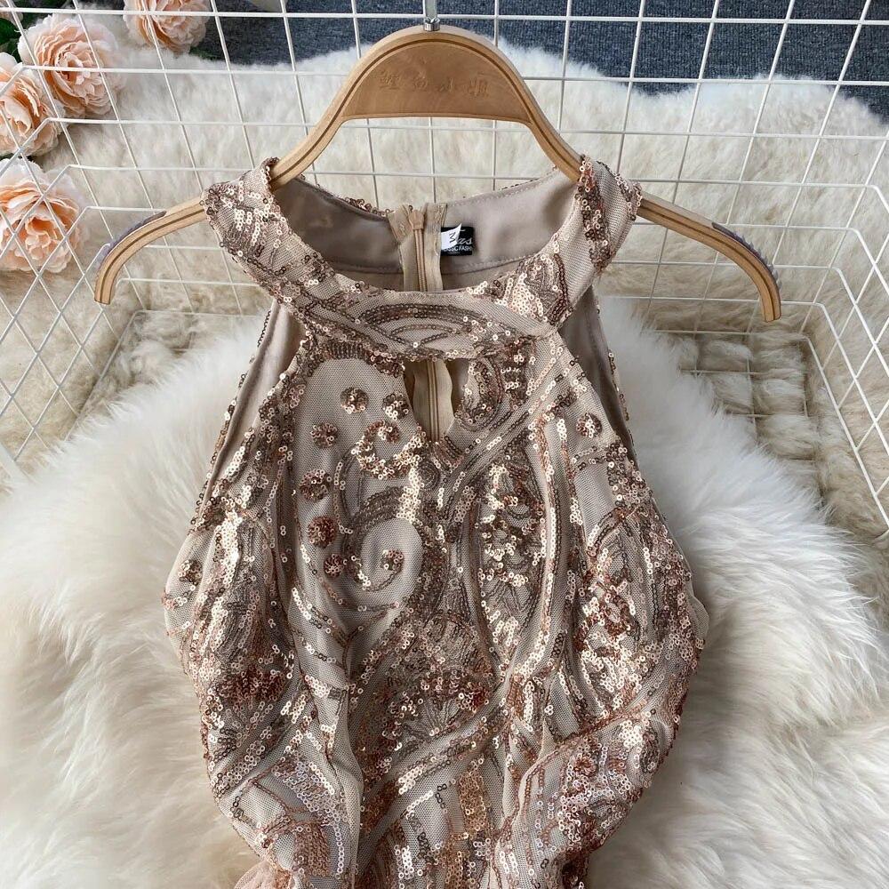 Sexy Sequin Patchwork Mesh Halter Dress Chic Elegant Evening Party Luxury Robe Women High Waist Slim Ceremonial  Dress
