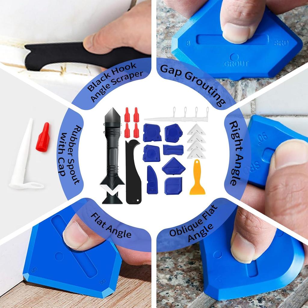 Caulking Tool Kit,Caulk Remover Tool,3 In 1Silicone Caulking Tool Kit, Grout Scraper, Reuse and Replace 5 Silicone Pads, Bathroom, Kitchen, Floor,