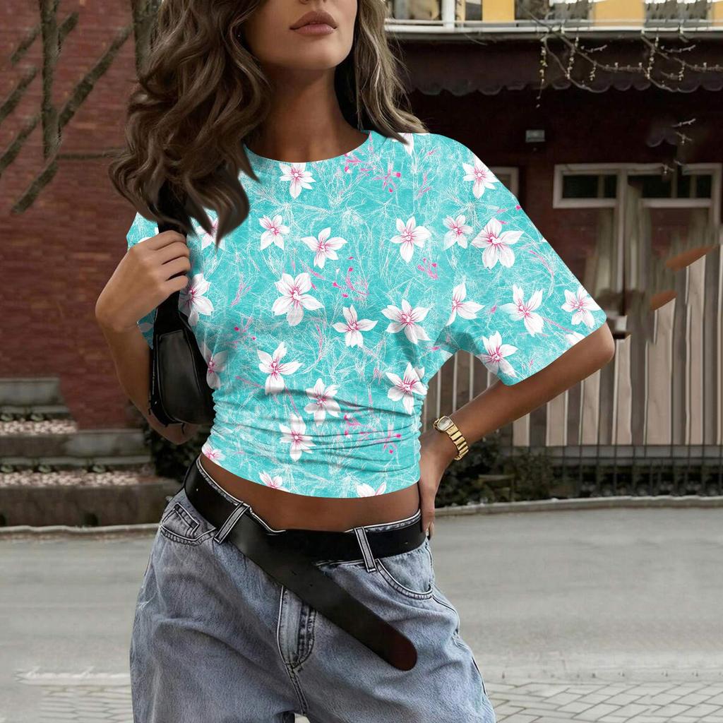 Women's Crew Neck Pullover Short Sleeve T-Shirt Floral Print Loose Fit Casual Top for Everyday Wear