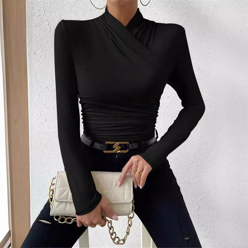Women's Autumn and Winter Cross Neck Slim Peplum T-Shirt