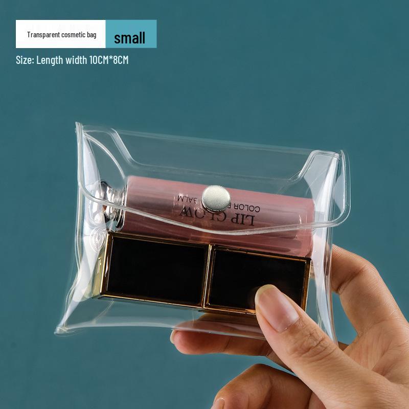 Transparent Portable Makeup Bag: Compact Storage for Eyeshadow, Powder, Lipstick, Brushes, with Snap Closure.