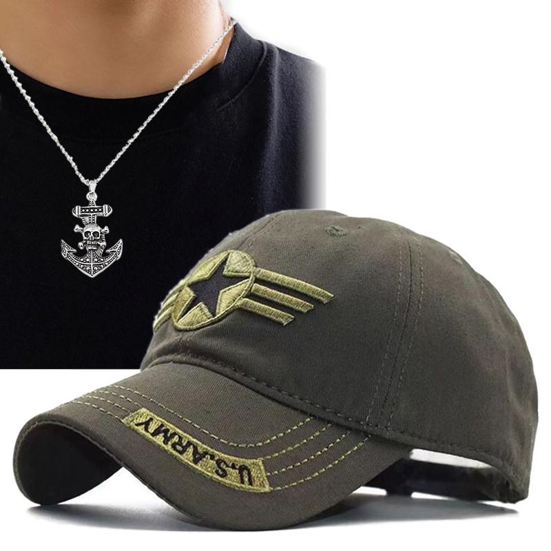2pcs Men's Baseball Cap Necklace Set Duck Tongue Hat Casual Sun Protection Sun Shade Fashion Pendant Necklace Sports Camouflage Baseball Hat
