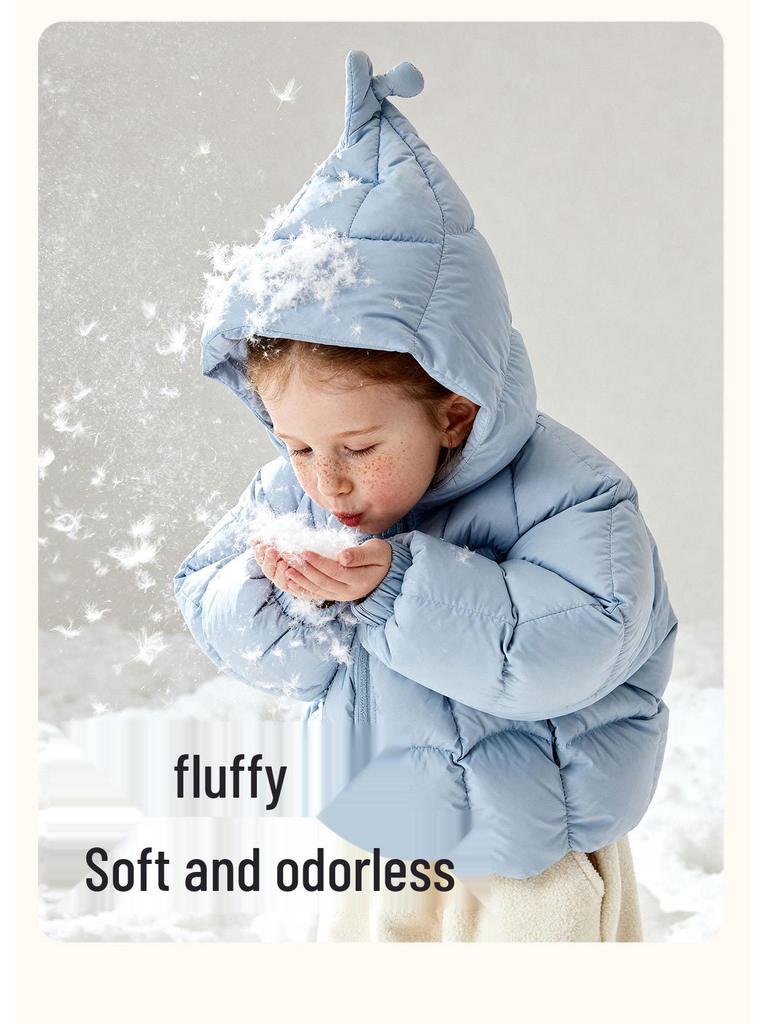 2025 Winter Girls' White Duck Down Jacket: Solid Color Hooded Casual Warm Coat