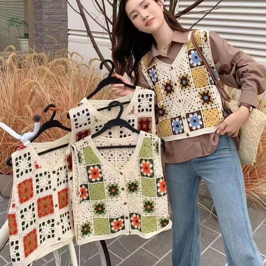 Women's Autumn and Winter Versatile V-Neck Vest Retro Hollow-Out Korean-Style Sweet Designer Niche Loose Top