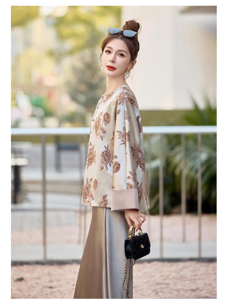 Women's 2025 Spring Floral Frog Button Jacket - Round Neck, Loose Fit, Chinese National Style