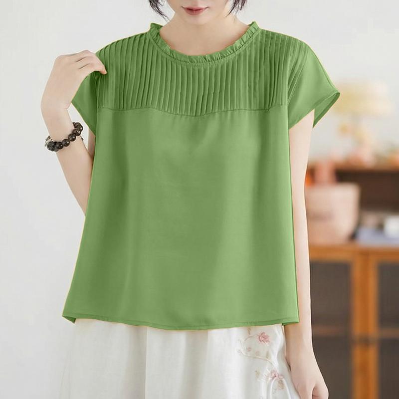 ZANZEA Blusa Casual Feminina de Manga Curta e Cor Sólida com Decote Redondo