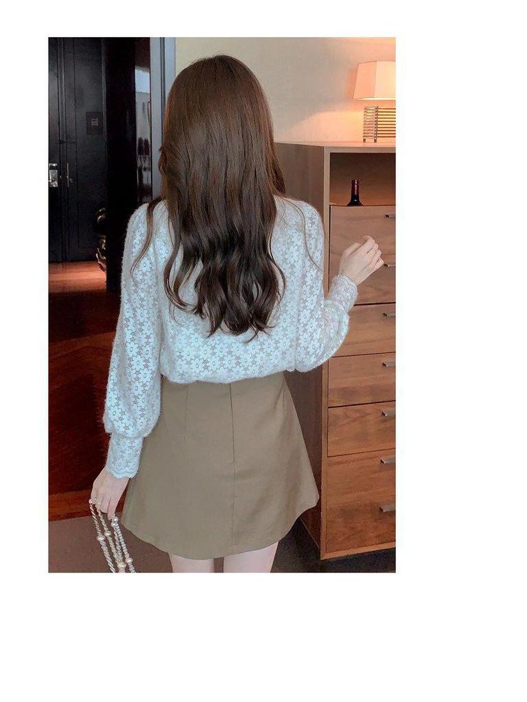Women's Plush Lace Long-Sleeve Shirt - Stylish and Warm Autumn/Winter 2024 Top
