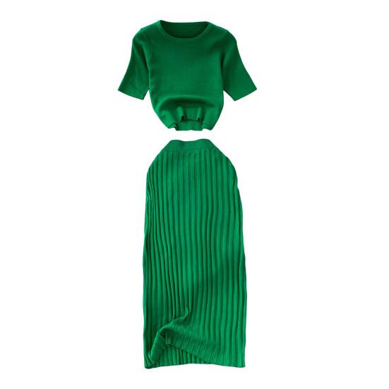 Women's Summer Skirt Set Short Sleeve Crew Neck Crop Top And High Waist Maxi Skirt Set Knitted Two Piece Outfit