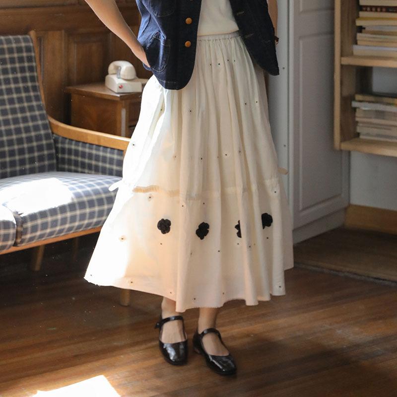 Johnature Spring Summer Embroidered Floral Half Skirt For Women Casual Elastic Waist Versatile Forest Girl Half Skirts S