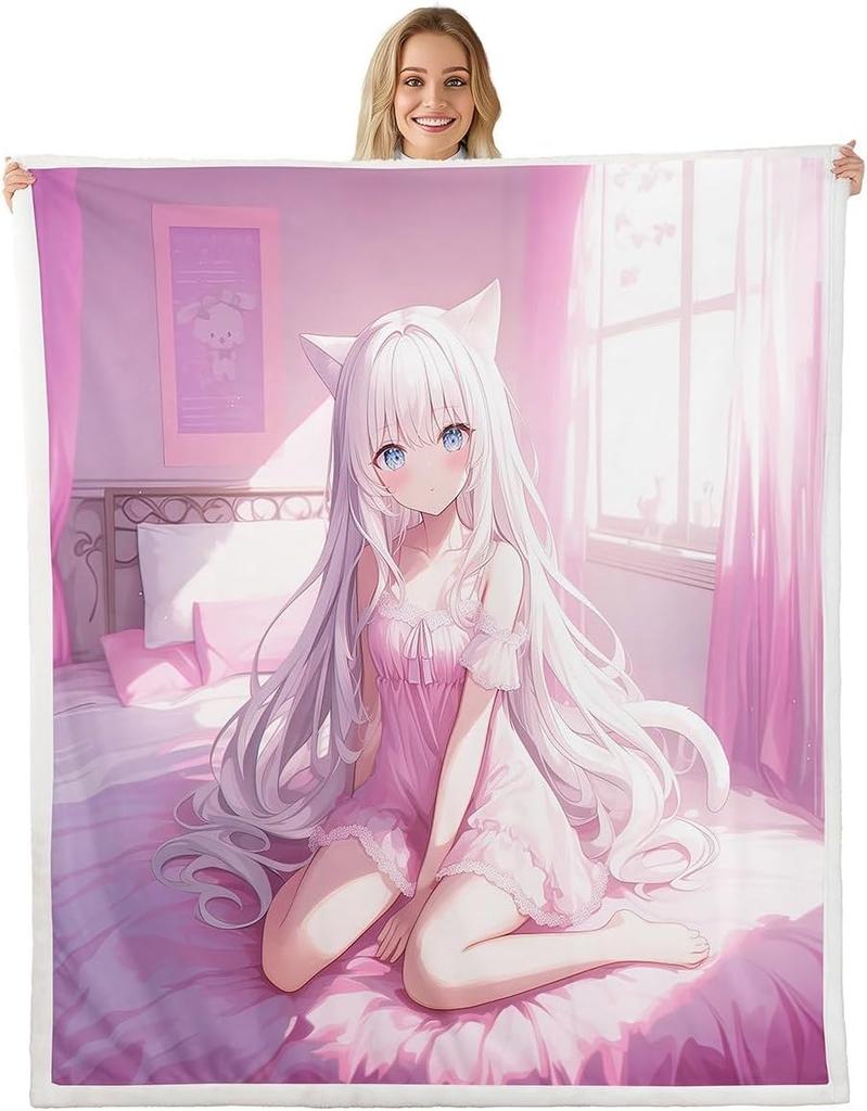 GUOYU Blanket Throw Size Japanese Anime Fleece Sherpa Blanket for Kids Anime Girl Japanese Style Throw Blanket Cartoon Japan Animation Bed