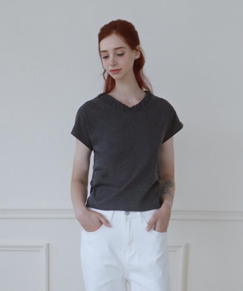 Keulleiseu Shirred V-Neck Short Sleeve T-Shirt_White