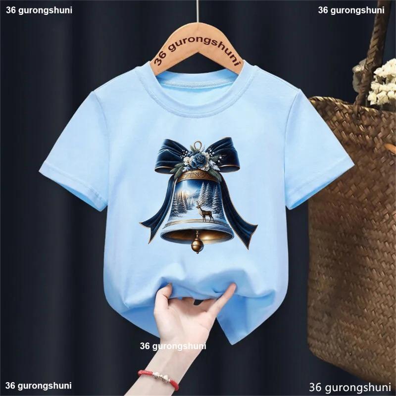 Xmas Gift Kids Clothes Christmas Bell Santa Claus Rides Reindeer Printed T Shirt For Girls/Boys Funny Solid T-Shirt Tops