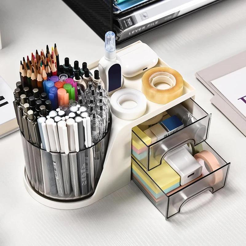 2-In-1 Rotating Pen Holder Rotating Desktop Organizer Storage Box With Drawer Plastic Pen Holder Cosmetic Storage Box