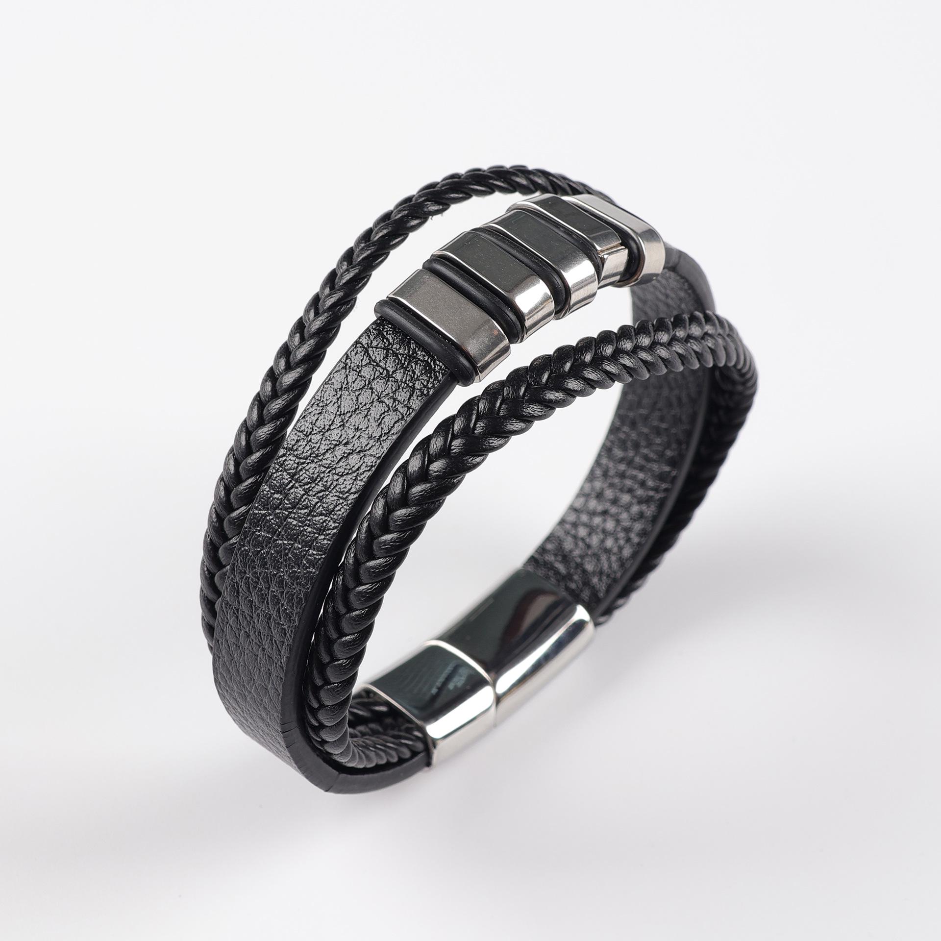 Винтажный плетеный кожаный браслет с металлическим акцентом - Европейский и американский стиль