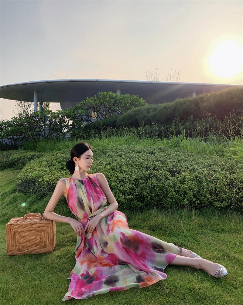 High-End Ombre Halter Sleeveless Long Dress - Elegant Beach Vacation Style