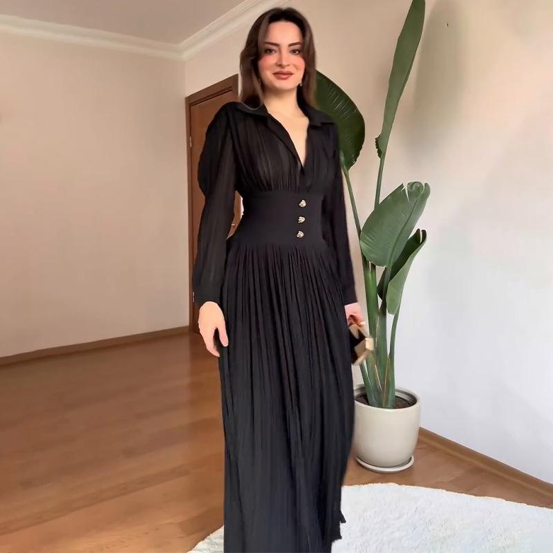 European Elegant Long-Sleeve Polo Collar Pleated Dress - Solid Color, New Style Fashion