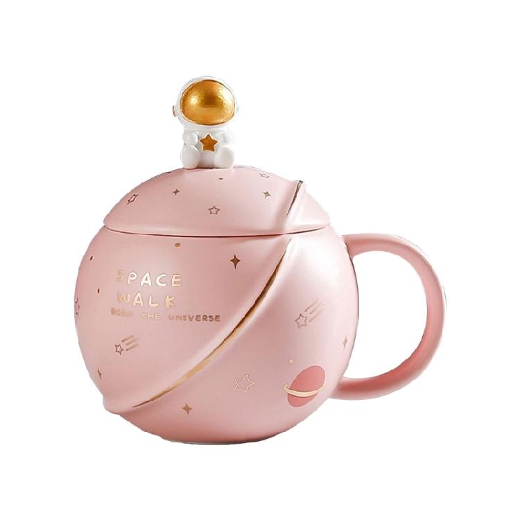 400ML Astronaut Coffee Cup Cute Space Mug Ceramic Water Cup with Lid and Spoon розовый