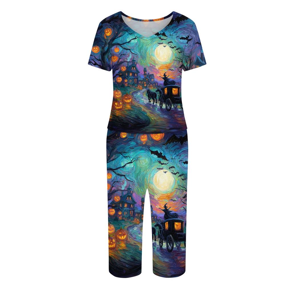 Women Two Piece Set Halloween Print Short Sleeve Top and Capri Pants Casual Lounge Wear Set for Daily Use and Seasonal Events