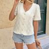 Spring/Summer New Style V-neck Solid Color Casual Jacquard Shirt with Sweet Floral Accents and Patched Collar for Women