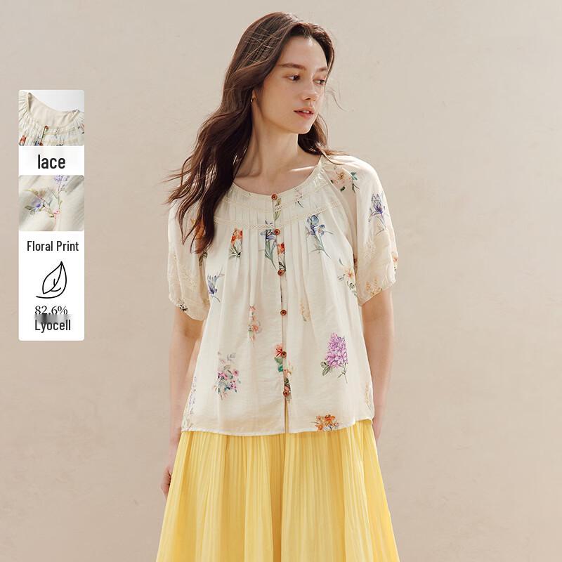 INMAN Lyocell Floral Lace Short Sleeve Blouse M