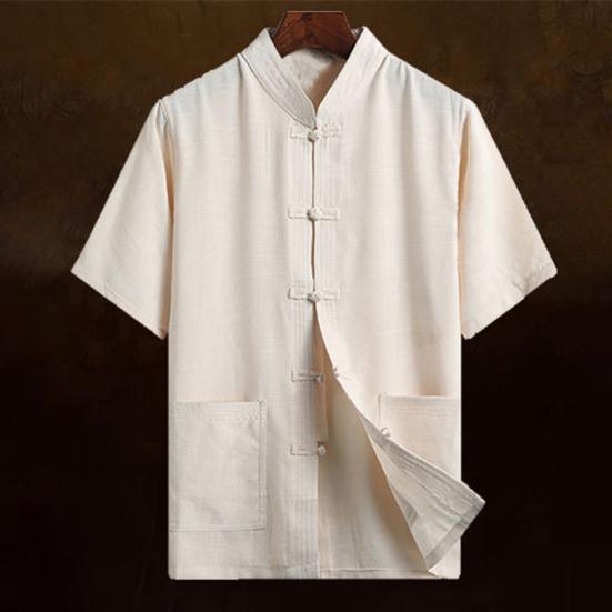Father Summer Top Solid Color Short Sleeve Buckle Chinese Style Stand Collar Daily Wear Single-breasted Chinese Wear Tai Chi Clothing Male Clothes