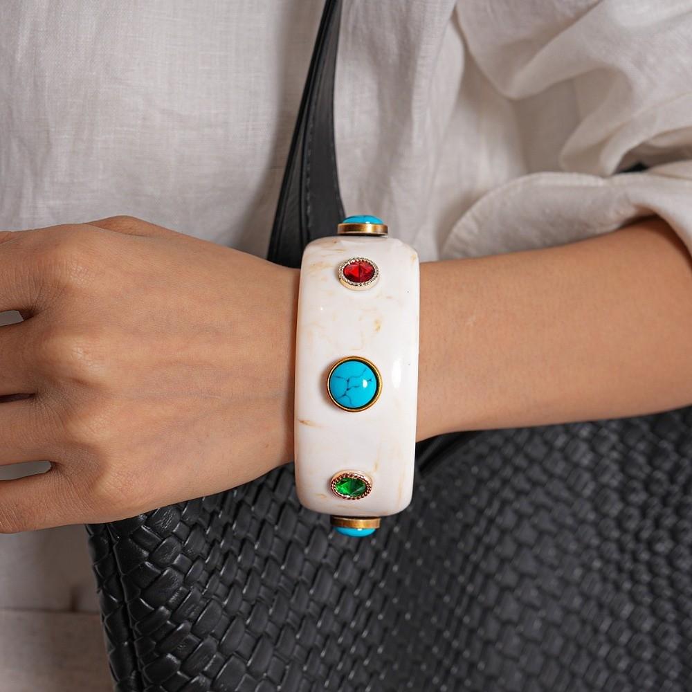 Wide Turquoise Acrylic Bracelet Turquoise Retro Hand Ring Acrylic Rhinestone Bangle  Decoration